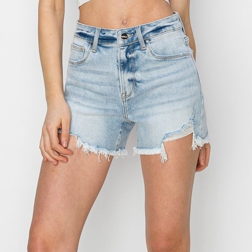 Risen High-Rise Light Blue Distressed Denim Shorts for Women